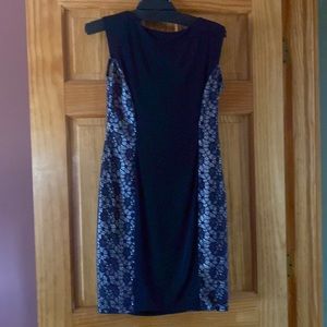 Sleeveless navy and cream fitted dress.